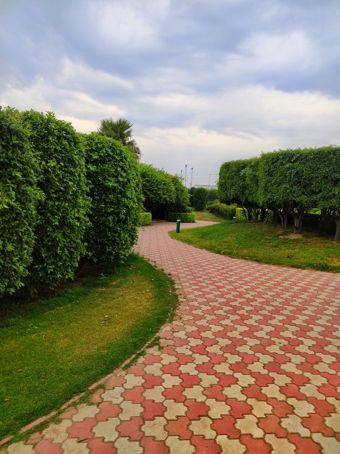 A peaceful outdoor walkway lined with lush green hedges under a cloudy sky in Delhi, India.